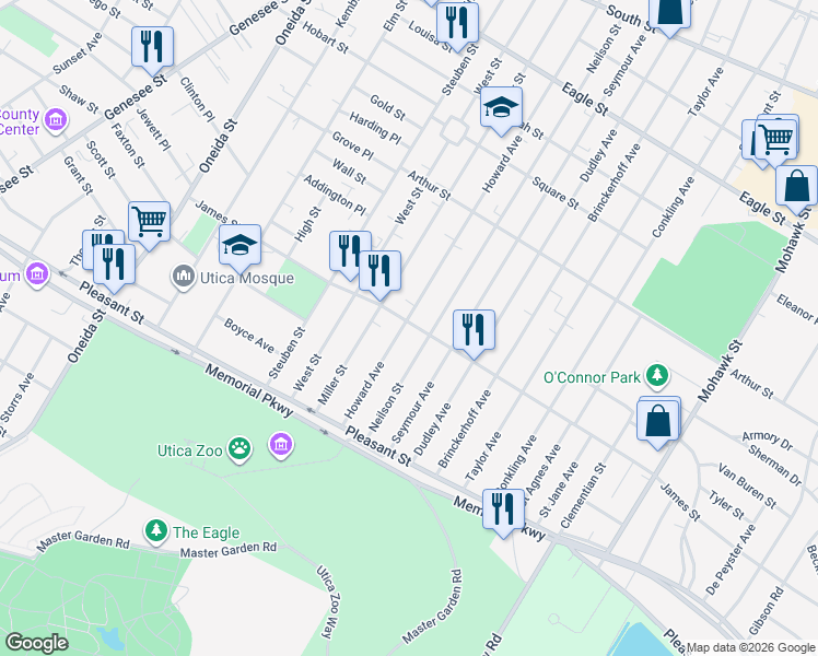 map of restaurants, bars, coffee shops, grocery stores, and more near 306 James Street in Utica