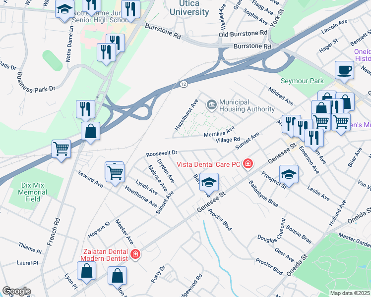 map of restaurants, bars, coffee shops, grocery stores, and more near 148 Roosevelt Drive in Utica