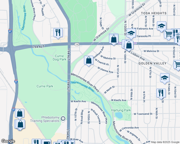 map of restaurants, bars, coffee shops, grocery stores, and more near 10445 West Stewart Avenue in Wauwatosa