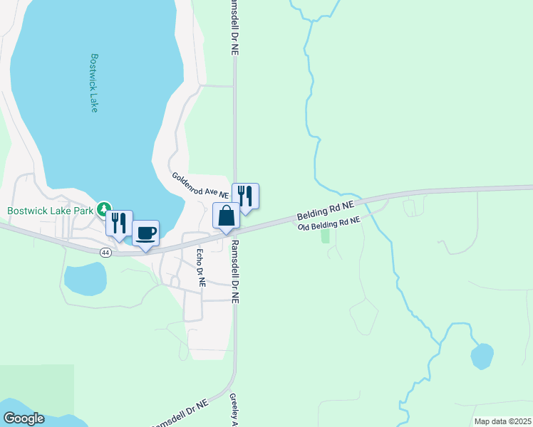 map of restaurants, bars, coffee shops, grocery stores, and more near 8905 Belding Road Northeast in Rockford