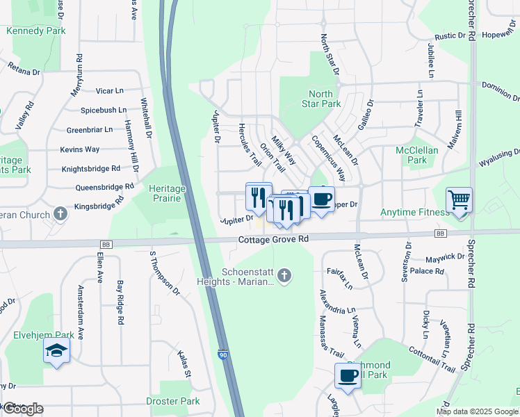 map of restaurants, bars, coffee shops, grocery stores, and more near 826 North Star Drive in Madison