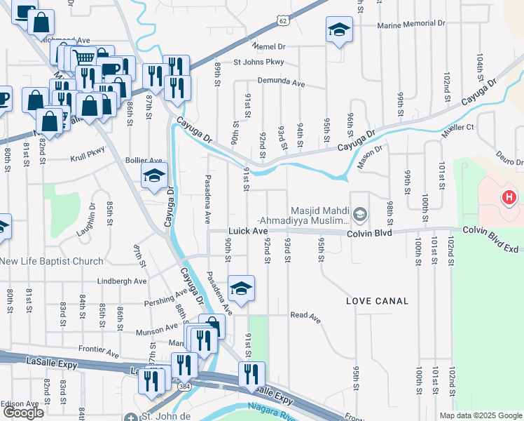 map of restaurants, bars, coffee shops, grocery stores, and more near 1030 92nd Street in Niagara Falls