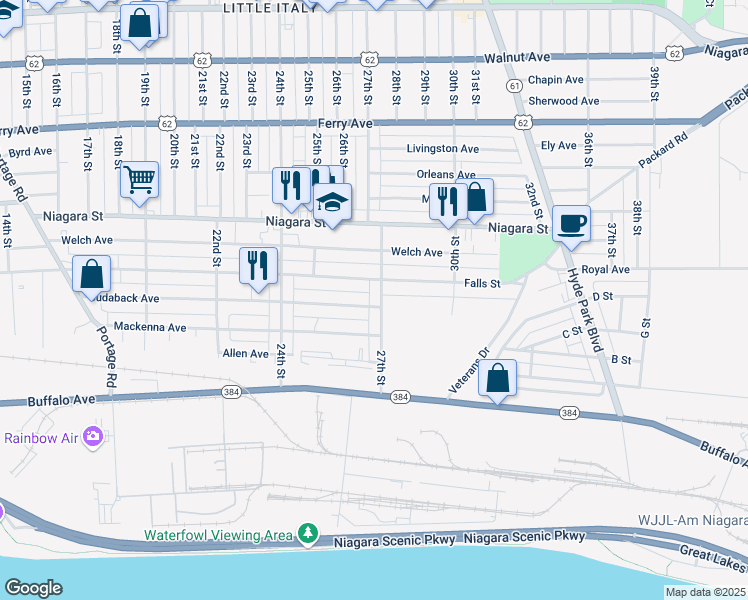 map of restaurants, bars, coffee shops, grocery stores, and more near 250 27th Street in Niagara Falls