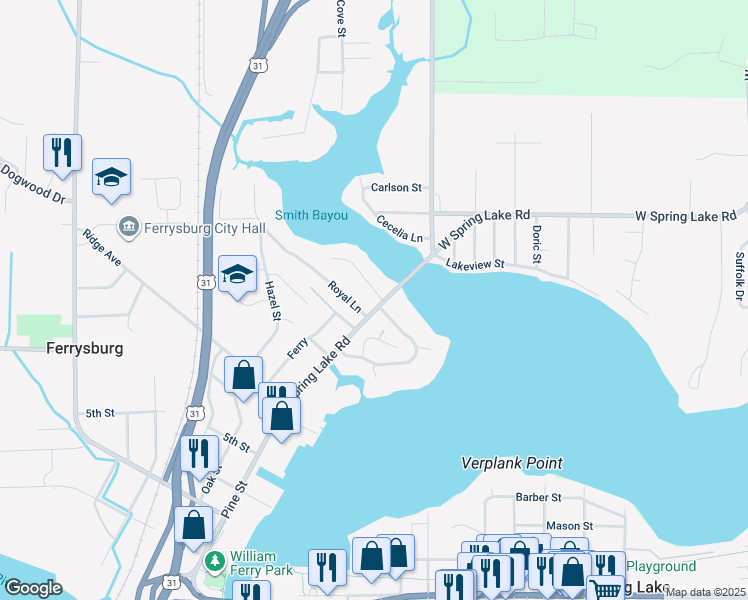 map of restaurants, bars, coffee shops, grocery stores, and more near 16927 West Spring Lake Road in Spring Lake