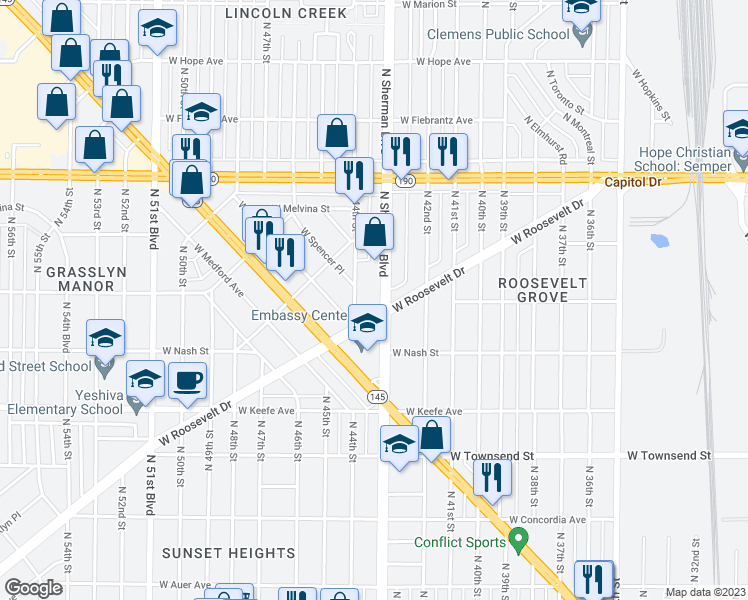 map of restaurants, bars, coffee shops, grocery stores, and more near 3811 North Sherman Boulevard in Milwaukee