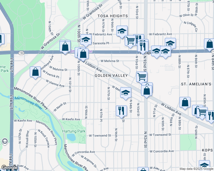 map of restaurants, bars, coffee shops, grocery stores, and more near 3785 North 97th Street in Milwaukee