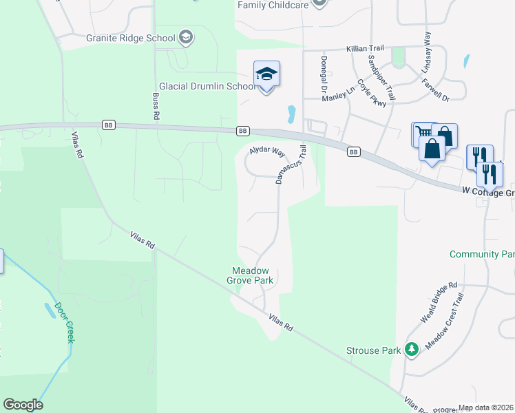 map of restaurants, bars, coffee shops, grocery stores, and more near 2832 Riva Ridge Circle in Cottage Grove
