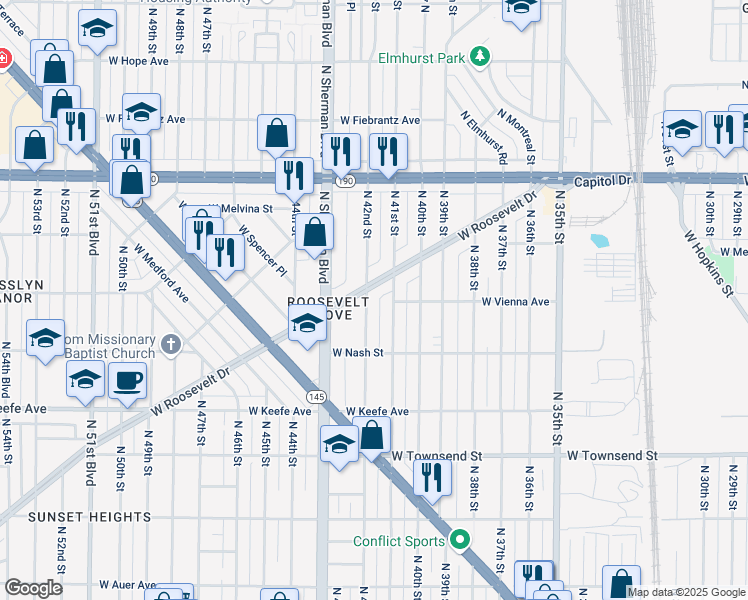 map of restaurants, bars, coffee shops, grocery stores, and more near 3777 North 41st Street in Milwaukee