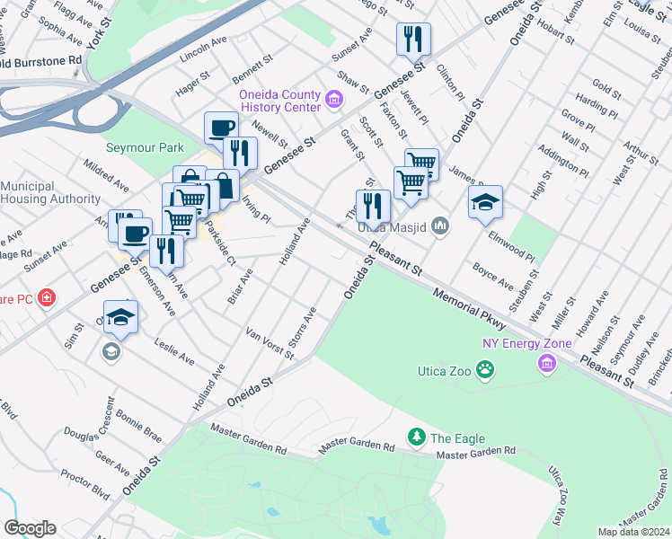 map of restaurants, bars, coffee shops, grocery stores, and more near 23 Greenwood Court in Utica