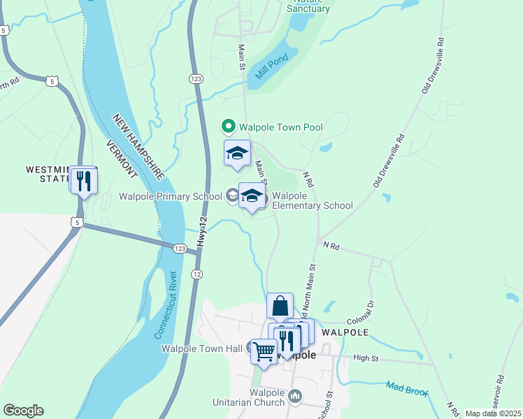 map of restaurants, bars, coffee shops, grocery stores, and more near 8 Bemis Lane in Walpole