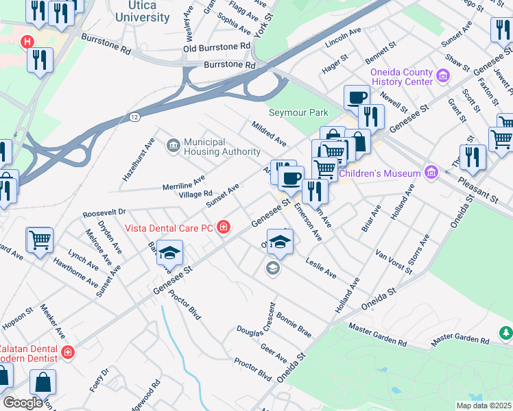 map of restaurants, bars, coffee shops, grocery stores, and more near 21 Hampden Pl in Utica