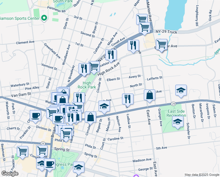 map of restaurants, bars, coffee shops, grocery stores, and more near 302 Nelson Avenue in Saratoga Springs