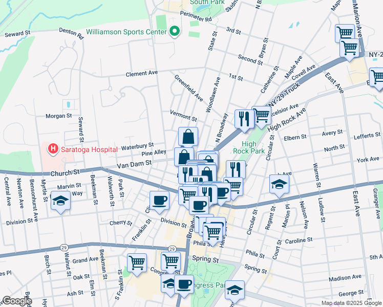 map of restaurants, bars, coffee shops, grocery stores, and more near 118 Woodlawn Avenue in Saratoga Springs