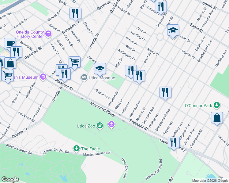 map of restaurants, bars, coffee shops, grocery stores, and more near 1630 Steuben St in Utica