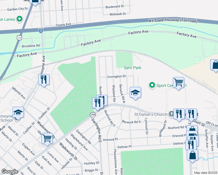 map of restaurants, bars, coffee shops, grocery stores, and more near 232 Medford Road in Syracuse