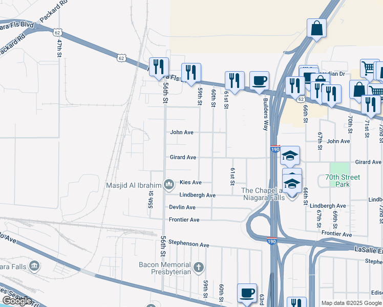 map of restaurants, bars, coffee shops, grocery stores, and more near 608 59th Street in Niagara Falls