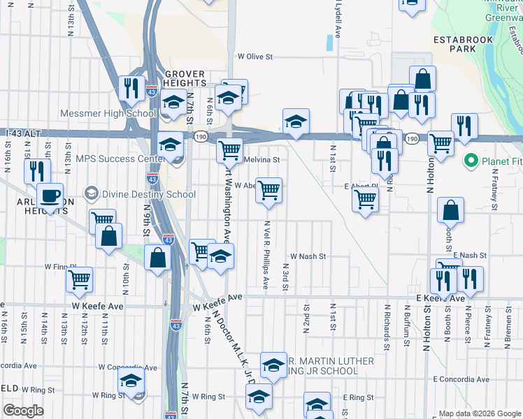 map of restaurants, bars, coffee shops, grocery stores, and more near 3815 North Vel R. Phillips Avenue in Milwaukee