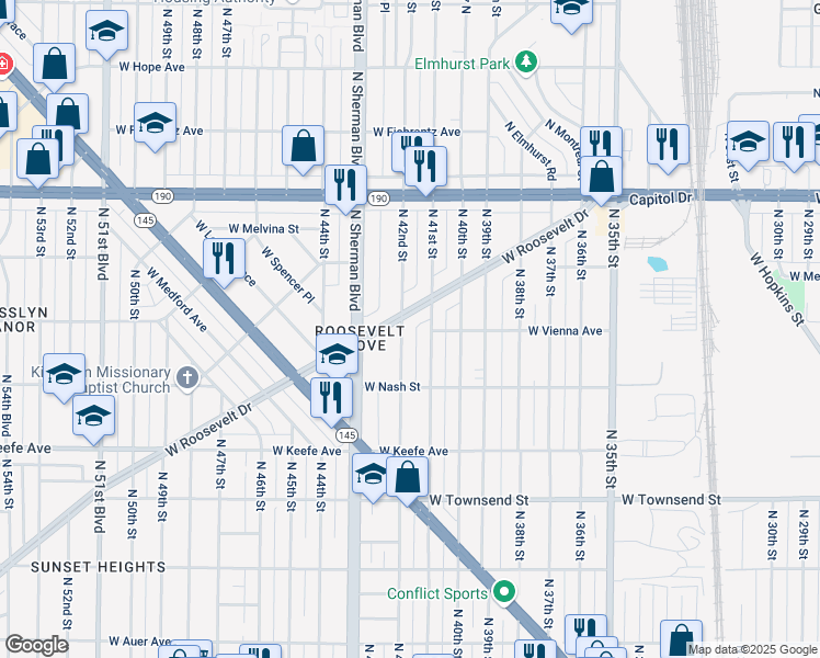 map of restaurants, bars, coffee shops, grocery stores, and more near 3777 North 41st Street in Milwaukee