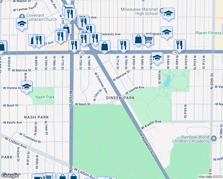 map of restaurants, bars, coffee shops, grocery stores, and more near 7254 West Potomac Avenue in Milwaukee