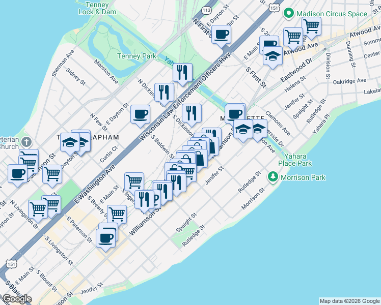 map of restaurants, bars, coffee shops, grocery stores, and more near 1330 East Wilson Street in Madison