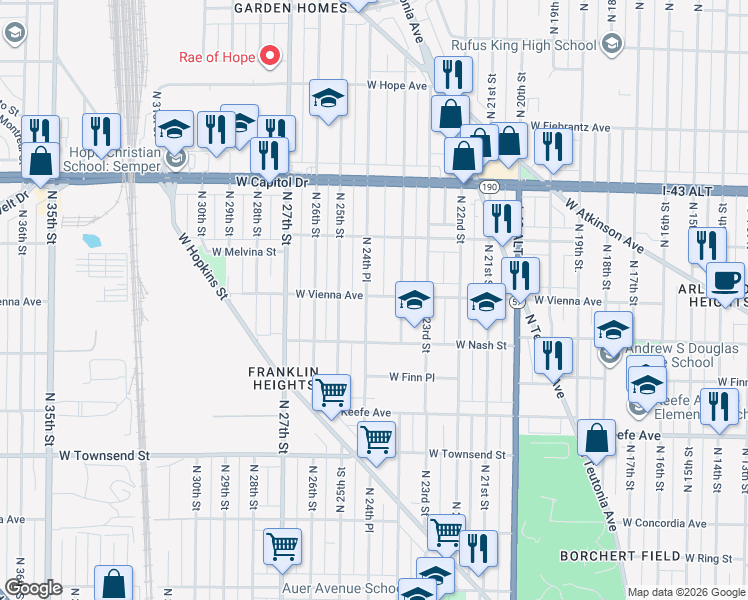 map of restaurants, bars, coffee shops, grocery stores, and more near 3760 North 24th Place in Milwaukee