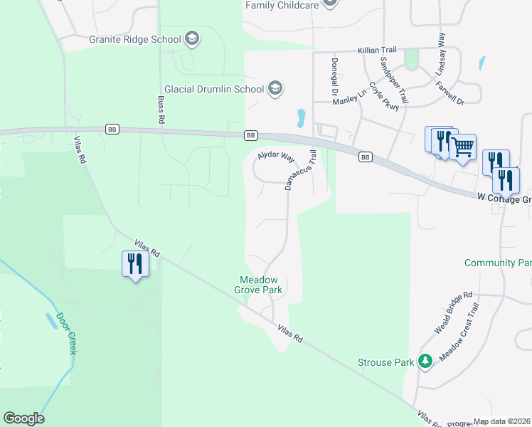map of restaurants, bars, coffee shops, grocery stores, and more near 2832 Riva Ridge Circle in Cottage Grove
