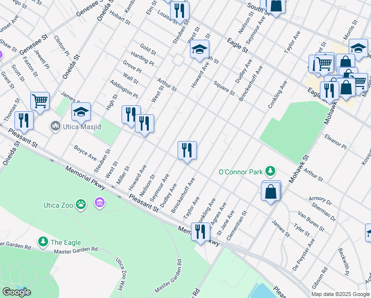 map of restaurants, bars, coffee shops, grocery stores, and more near 1569 Seymour Avenue in Utica
