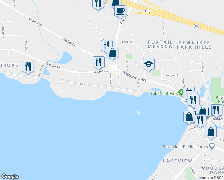 map of restaurants, bars, coffee shops, grocery stores, and more near 616 Kopmeier Drive in Pewaukee