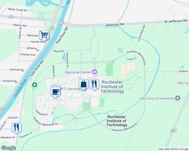 map of restaurants, bars, coffee shops, grocery stores, and more near 1 Lomb Memorial Drive in Rochester