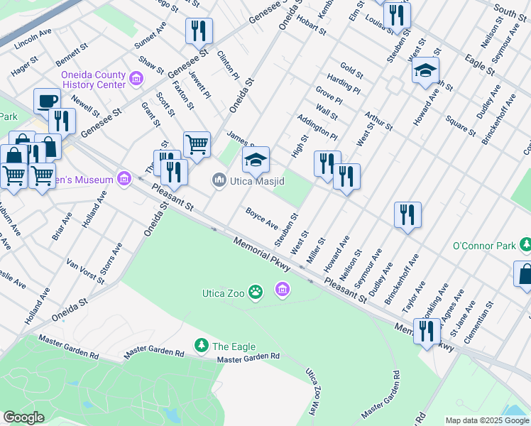 map of restaurants, bars, coffee shops, grocery stores, and more near 121 Boyce Ave in Utica