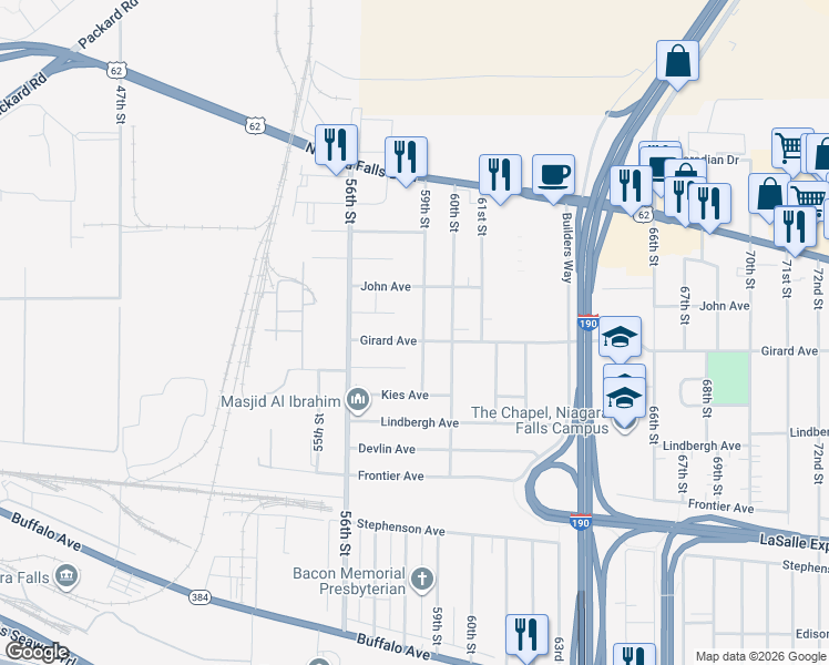 map of restaurants, bars, coffee shops, grocery stores, and more near 608 59th St in Niagara Falls