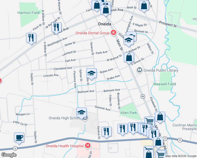 map of restaurants, bars, coffee shops, grocery stores, and more near 441 Seneca St in Oneida