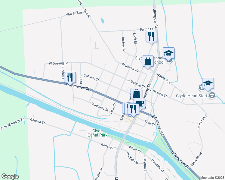 map of restaurants, bars, coffee shops, grocery stores, and more near 116 Caroline St in Clyde