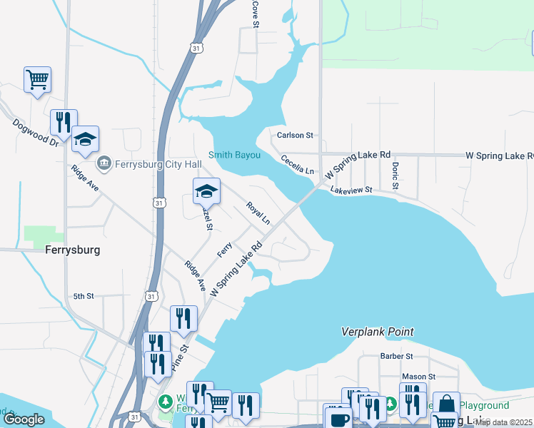 map of restaurants, bars, coffee shops, grocery stores, and more near 16927 West Spring Lake Road in Spring Lake