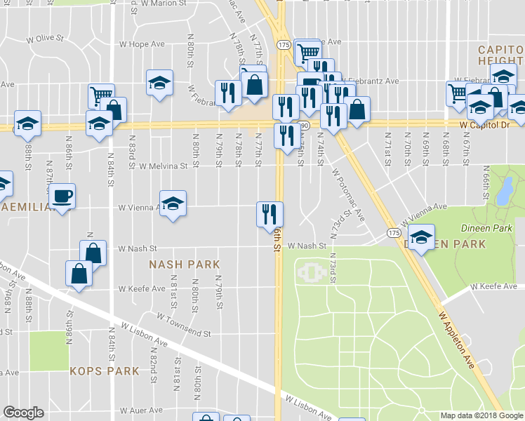 map of restaurants, bars, coffee shops, grocery stores, and more near 3770 North 77th Street in Milwaukee