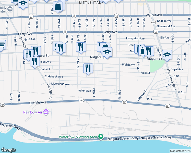 map of restaurants, bars, coffee shops, grocery stores, and more near 235 24th Street in Niagara Falls