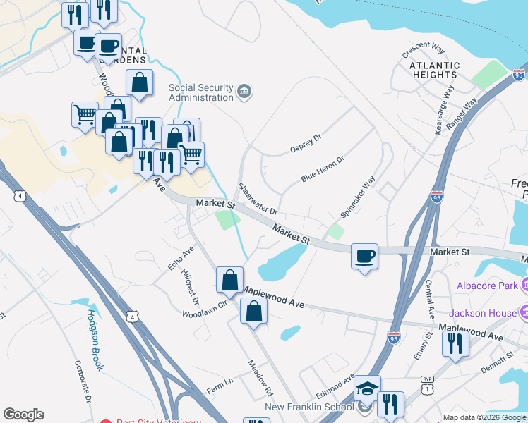 map of restaurants, bars, coffee shops, grocery stores, and more near 33 Shearwater Drive in Portsmouth