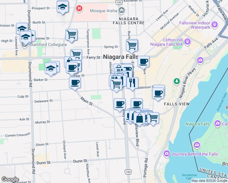 map of restaurants, bars, coffee shops, grocery stores, and more near 5602 Allendale Avenue in Niagara Falls