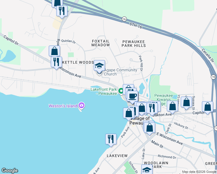 map of restaurants, bars, coffee shops, grocery stores, and more near 354 W Wisconsin Ave in Pewaukee