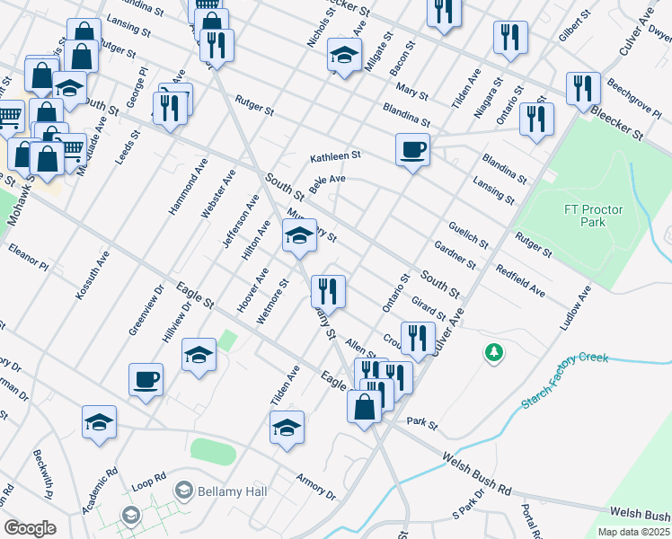 map of restaurants, bars, coffee shops, grocery stores, and more near 1232 Laura Street in Utica
