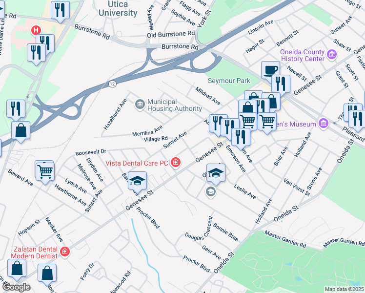map of restaurants, bars, coffee shops, grocery stores, and more near 11 Carlile Avenue in Utica