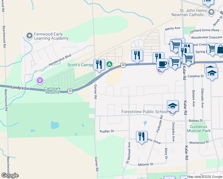 map of restaurants, bars, coffee shops, grocery stores, and more near 6129 Curlin Crescent in Niagara Falls
