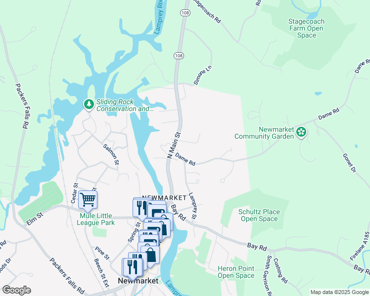 map of restaurants, bars, coffee shops, grocery stores, and more near 21 North Main Street in Newmarket