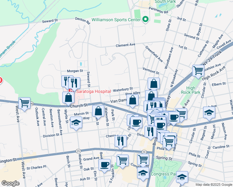 map of restaurants, bars, coffee shops, grocery stores, and more near 44 Waterbury Street in Saratoga Springs