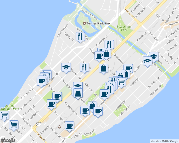 map of restaurants, bars, coffee shops, grocery stores, and more near 1150 E Washington Ave in Madison