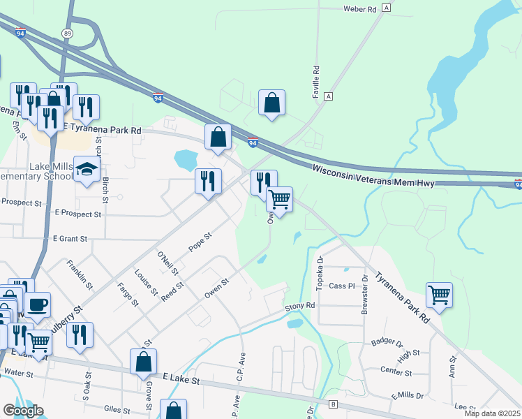 map of restaurants, bars, coffee shops, grocery stores, and more near 917 Owen Street in Lake Mills