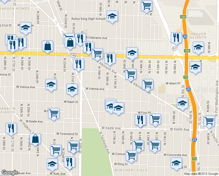 map of restaurants, bars, coffee shops, grocery stores, and more near 3800 North 18th Street in Milwaukee