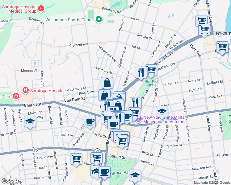 map of restaurants, bars, coffee shops, grocery stores, and more near 118 Woodlawn Avenue in Saratoga Springs