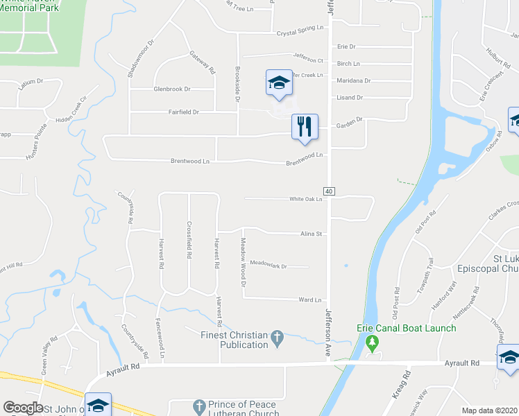 map of restaurants, bars, coffee shops, grocery stores, and more near 17 White Oak Lane in Fairport