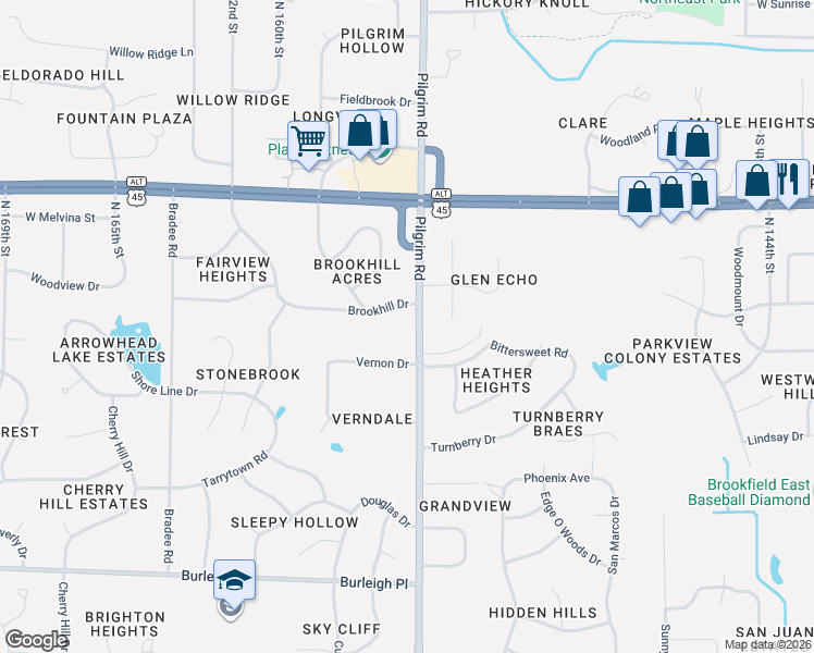 map of restaurants, bars, coffee shops, grocery stores, and more near 15725 Brookhill Drive in Brookfield